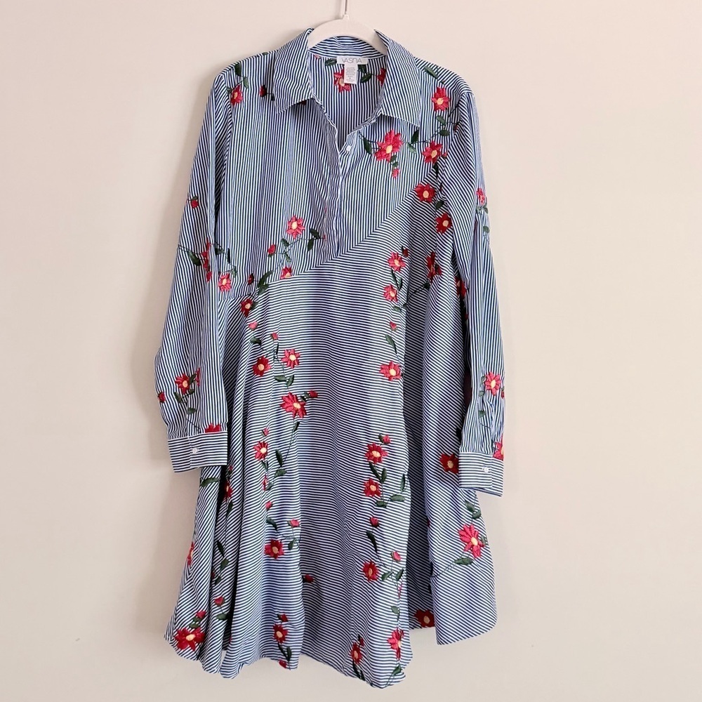Vasna Blue Striped Embroidered Floral Shirt Dress Size Medium